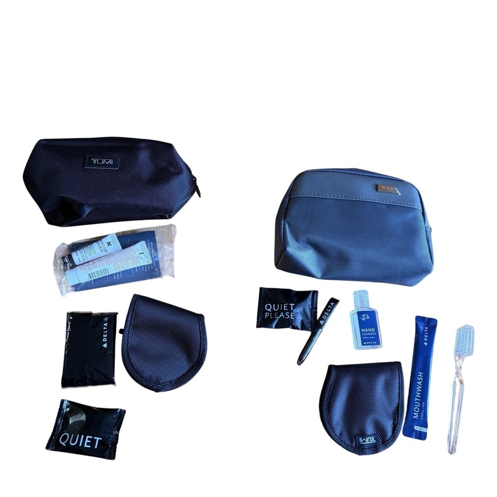 2 TUMI Delta Air Lines Amenity Travel Kit Bags Blue Black Leather Trim 1 Partial